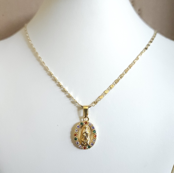 Virgen de Guadalupe Gold plated and Multicolor Pendant Necklace and Earring Set - Picture 3 of 5